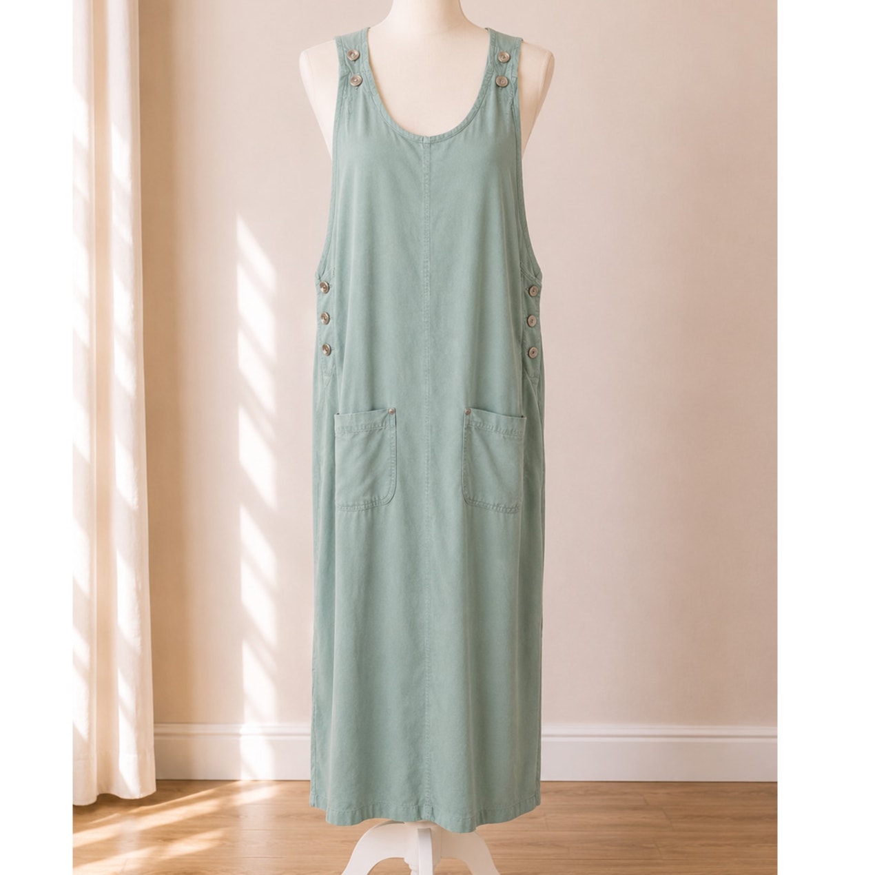 Ami Green Maxi Shift Dress Sleeveless Pocket Tencel Pullover Button Size Medium